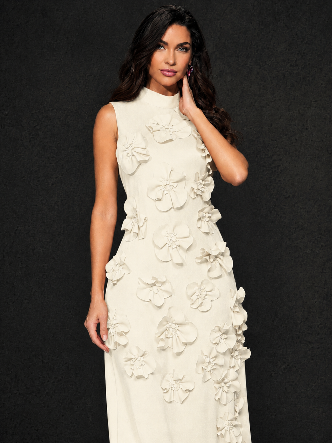 BOLODOO Ivory Mock Neck Sleeveless 3D Floral Appliqué Maxi Dress with Bow Back - Ivory