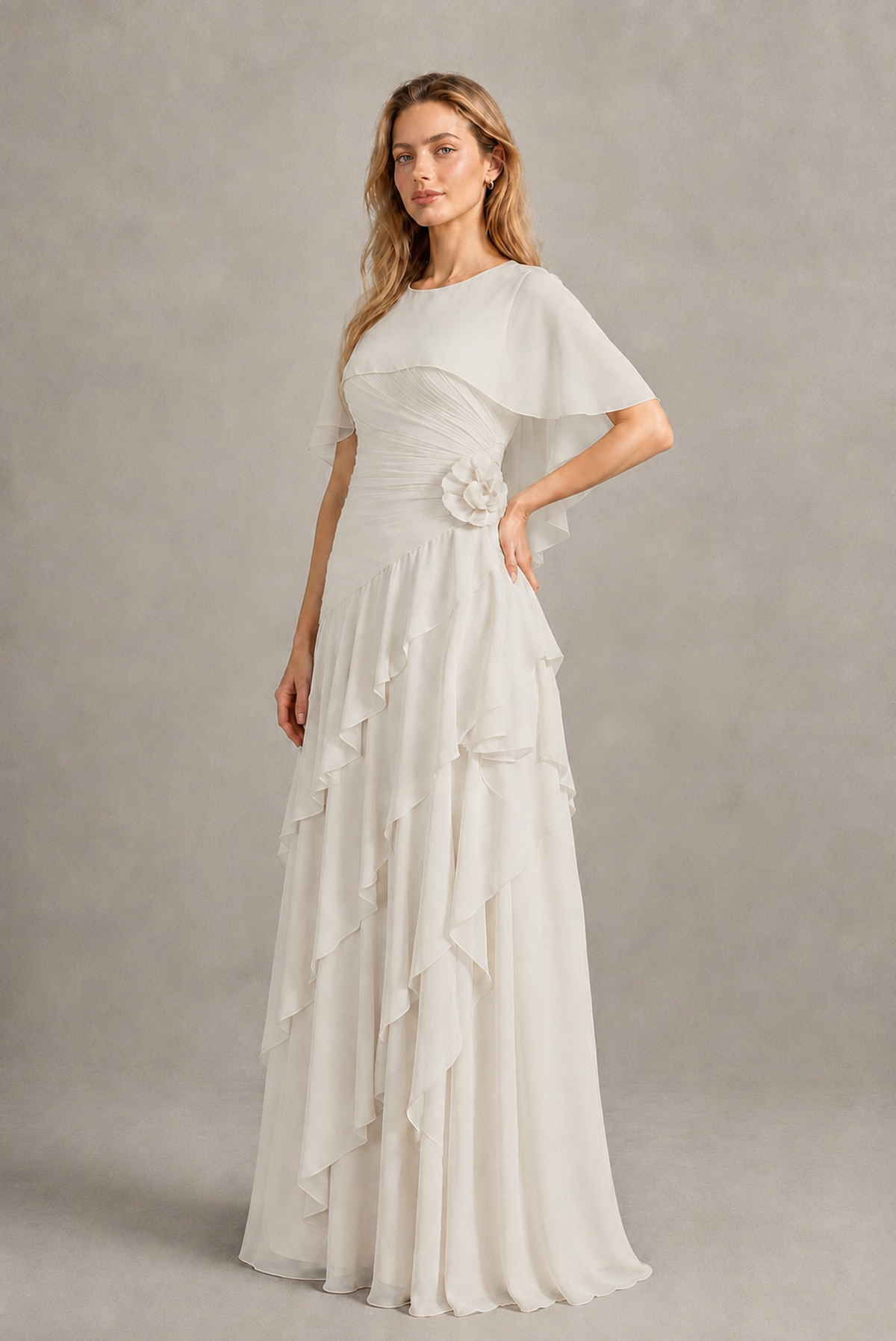 BOLODOO Ivory Chiffon Flutter Sleeve Tiered Maxi Dress with 3D Rosette - Ivory