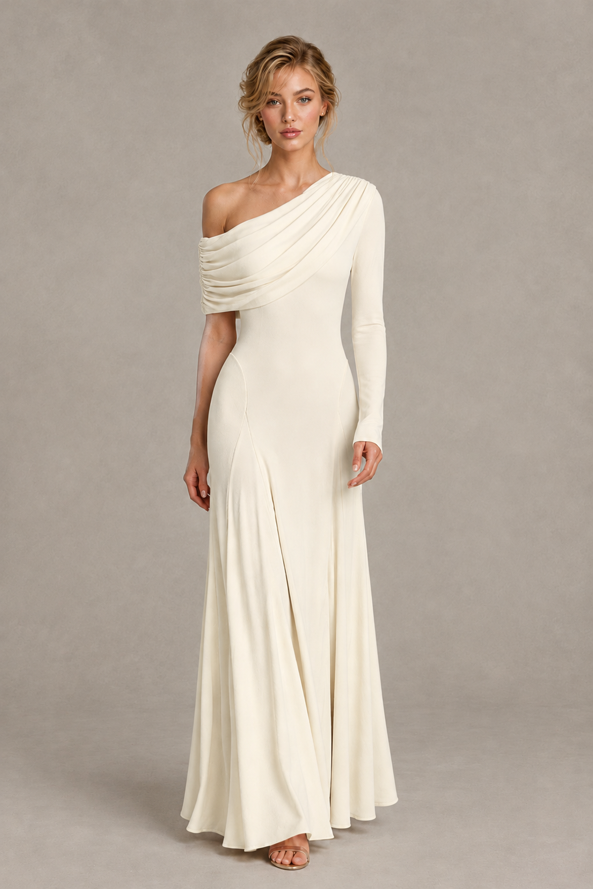 BOLODOO Ivory Asymmetric Draped Long Sleeve Evening Gown - Ivory