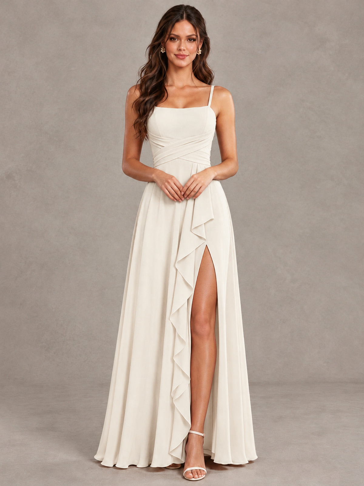 BOLODOO Ivory Spaghetti Strap Ruffle Bridesmaid Dress with Slit - Ivory - Ivory (4)