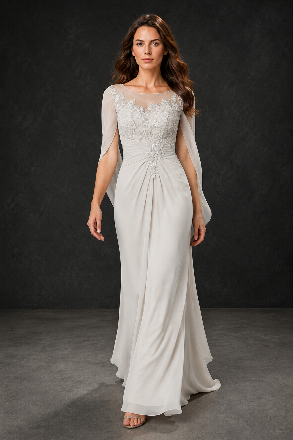 BOLODOO Ivory Illusion Lace One-Side Cape Sleeve Beaded Chiffon Floor Length Gown | Mother of the Bride Evening Dress - Ivory