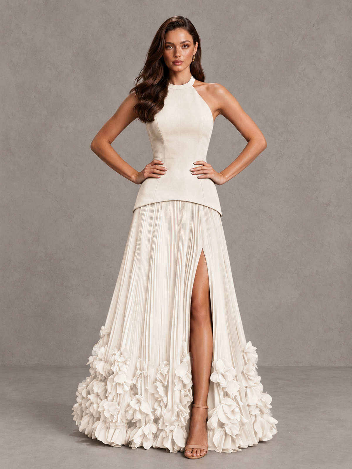 BOLODOO Ivory Halter Neck Floor-Length Evening Gown with High Slit & 3D Floral Hem - Ivory - Ivory (4)