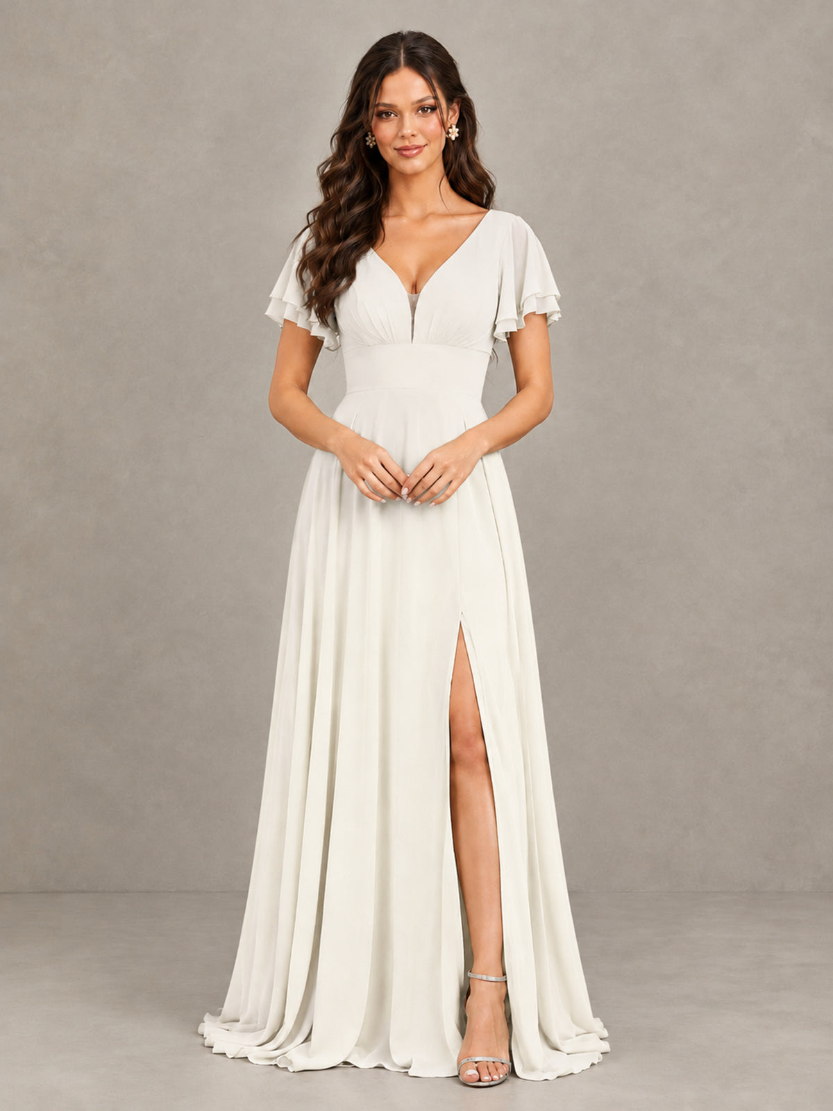 BOLODOO Ivory Flutter Sleeve Chiffon A-Line Maxi Bridesmaid Dress with Open Back & Slit - Ivory - Ivory (4)