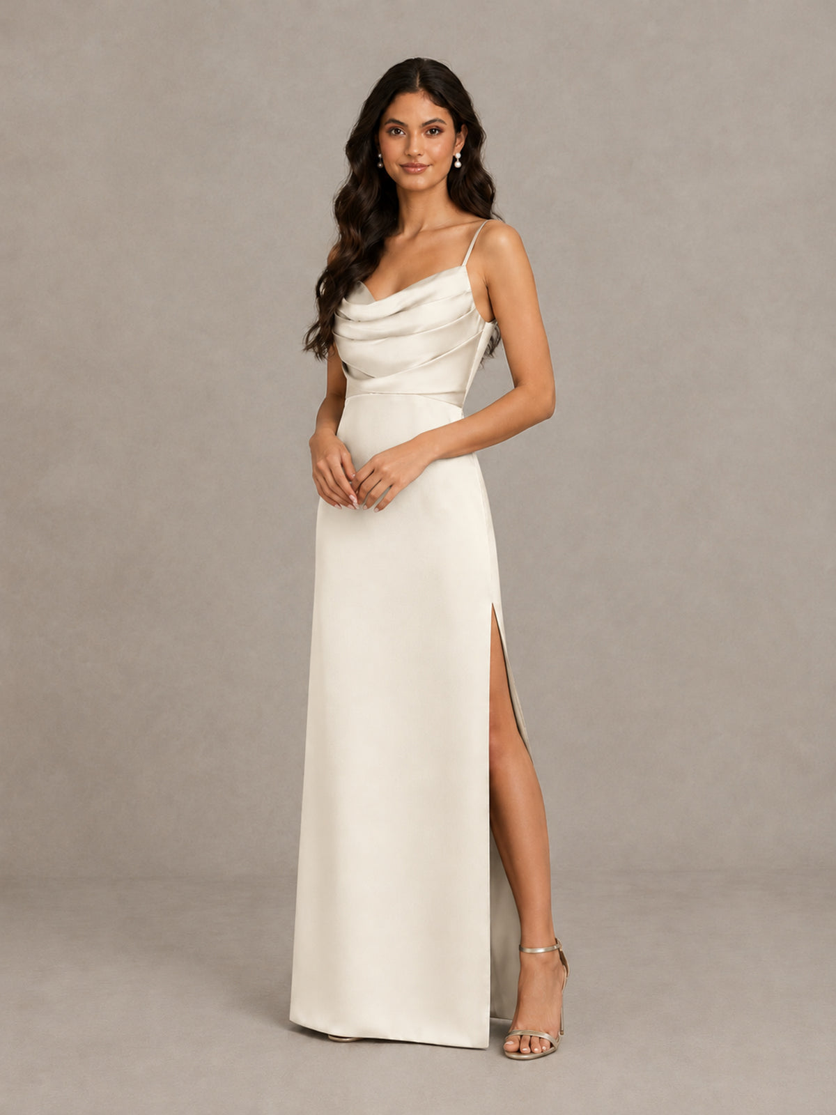 BOLODOO Ivory Cowl Neck Satin Bridesmaid Dress with Slit - Ivory - Ivory (4)