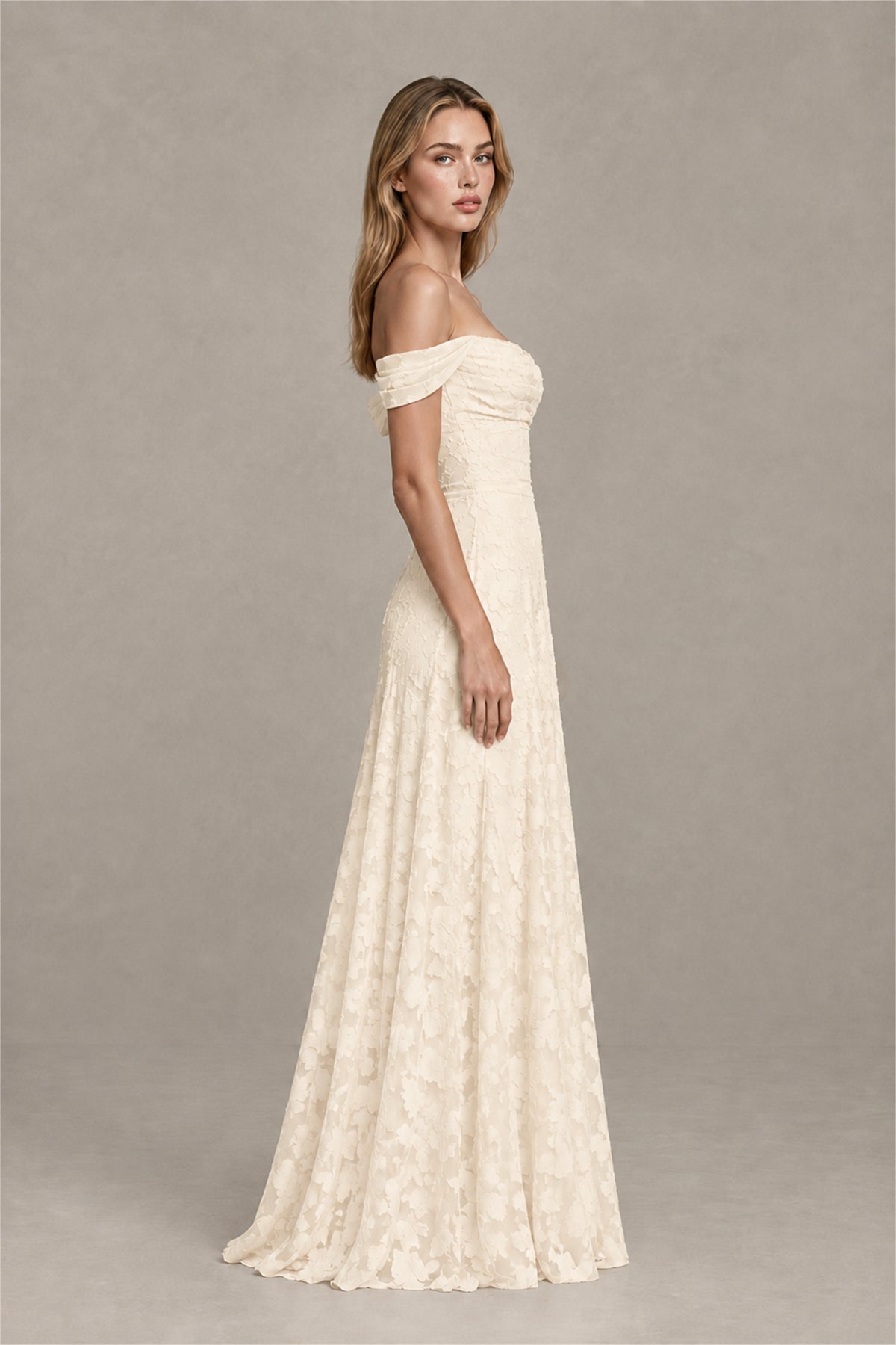 BOLODOO Ivory Off-Shoulder Pleated A-Line Maxi Dress Floral - Ivory