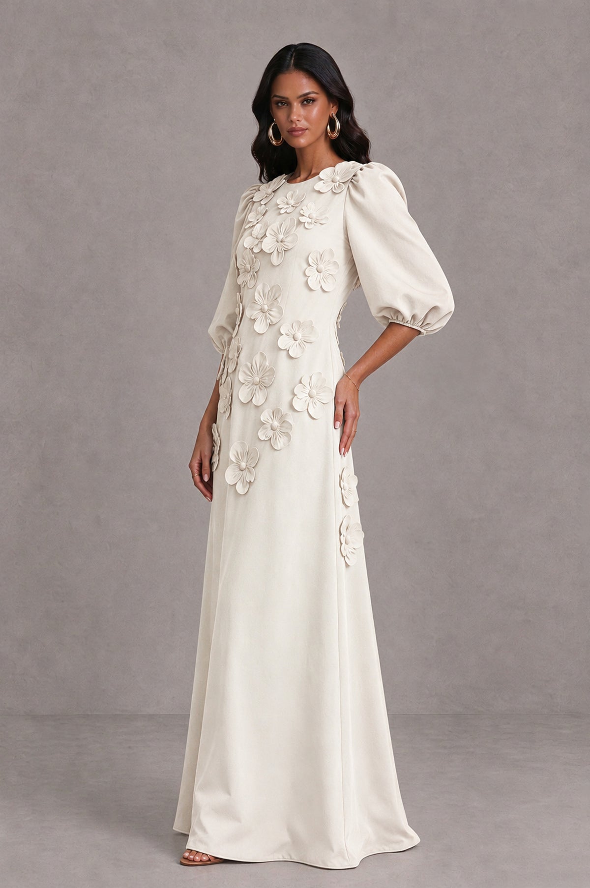 BOLODOO Ivory Floral Applique Puff Sleeve A-Line Evening Dress - Ivory - Ivory (4)