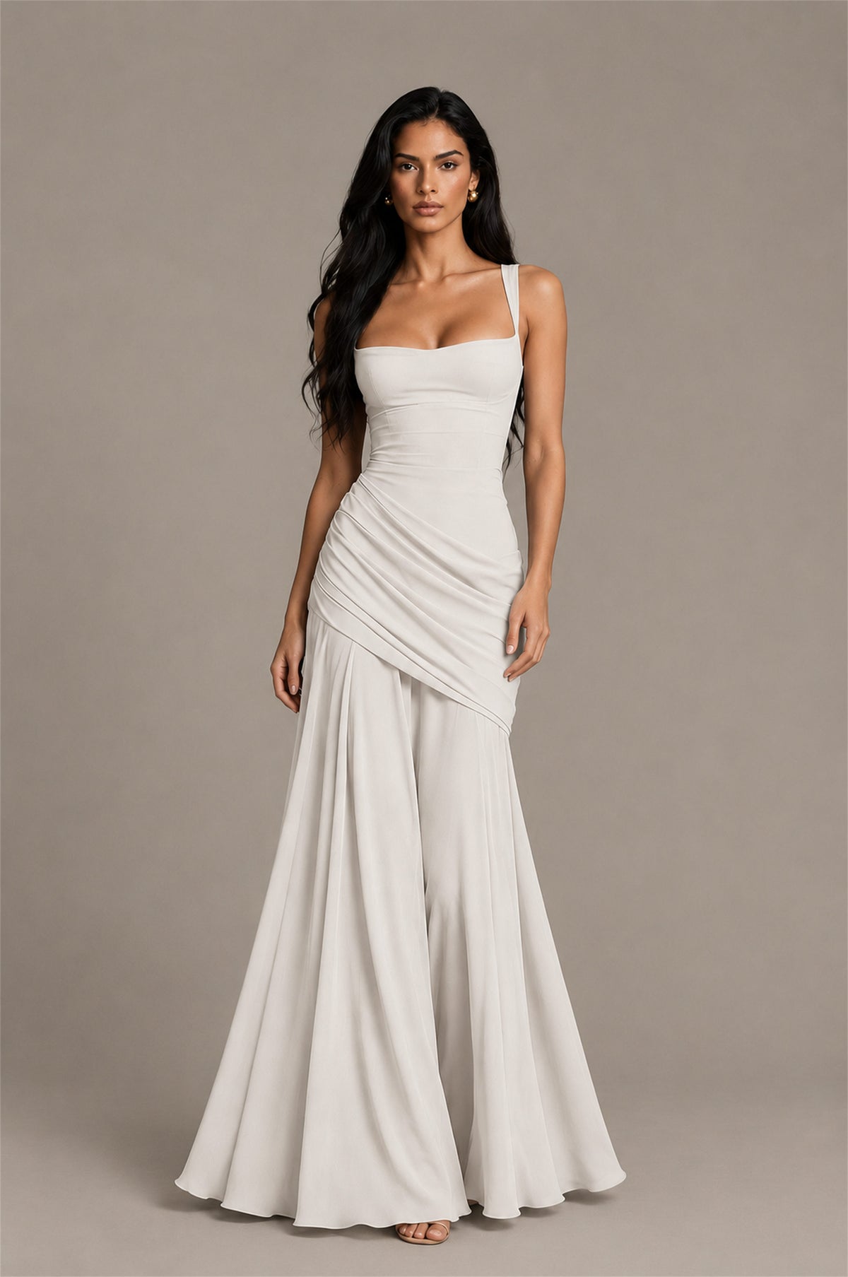 BOLODOO Square Neck Ruched A-Line Maxi Dress - Ivory Backless Evening Gown - Ivory