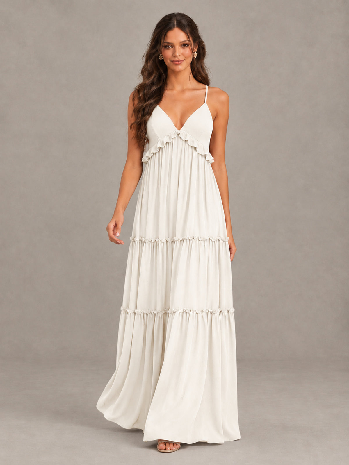 BOLODOO Ivory Tiered V-Neck Lace-Up Back Bridesmaid Dress - Ivory - Ivory (4)