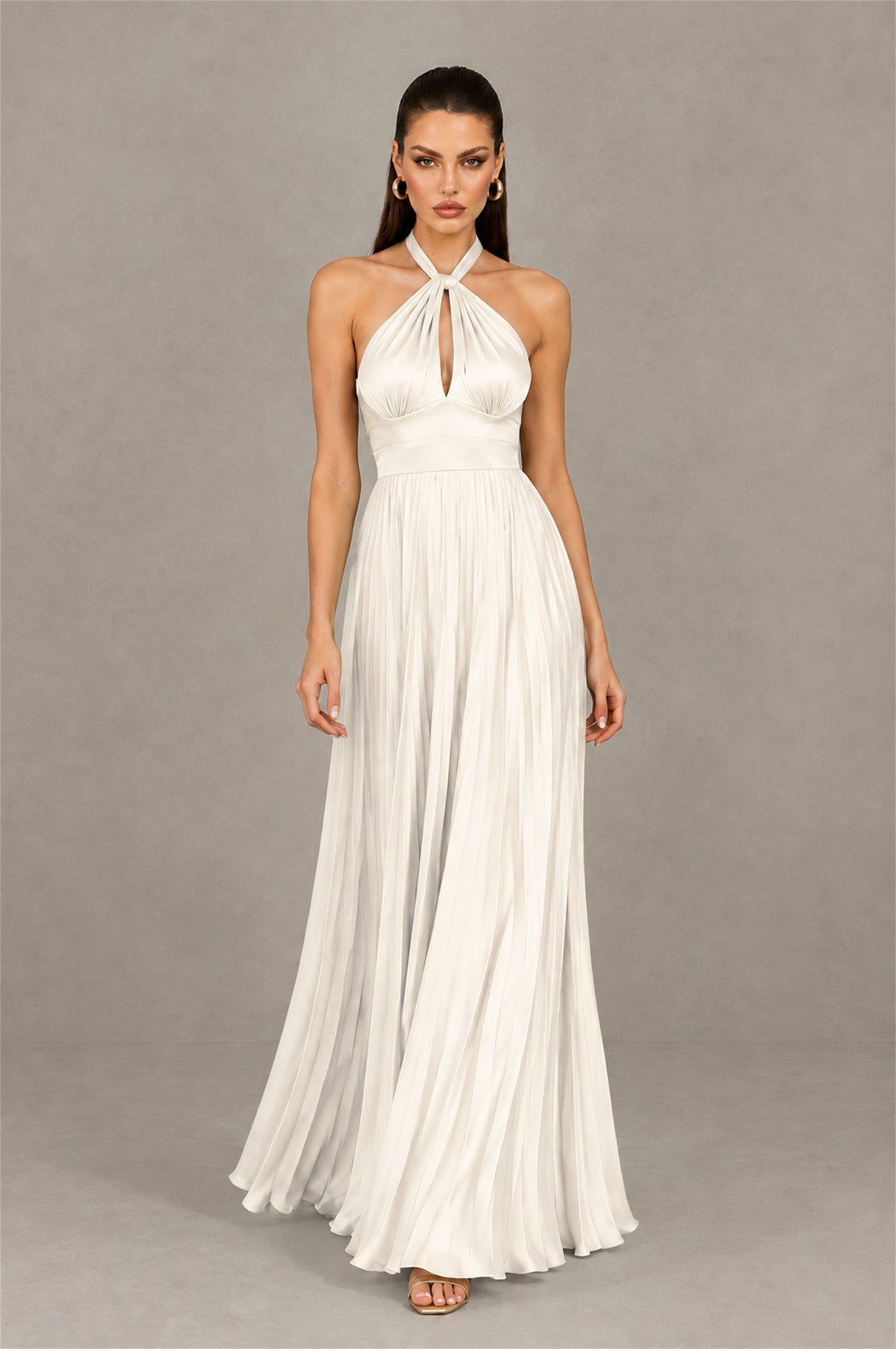 BOLODOO Ivory Halter Pleated A-Line Evening Dress - Ivory