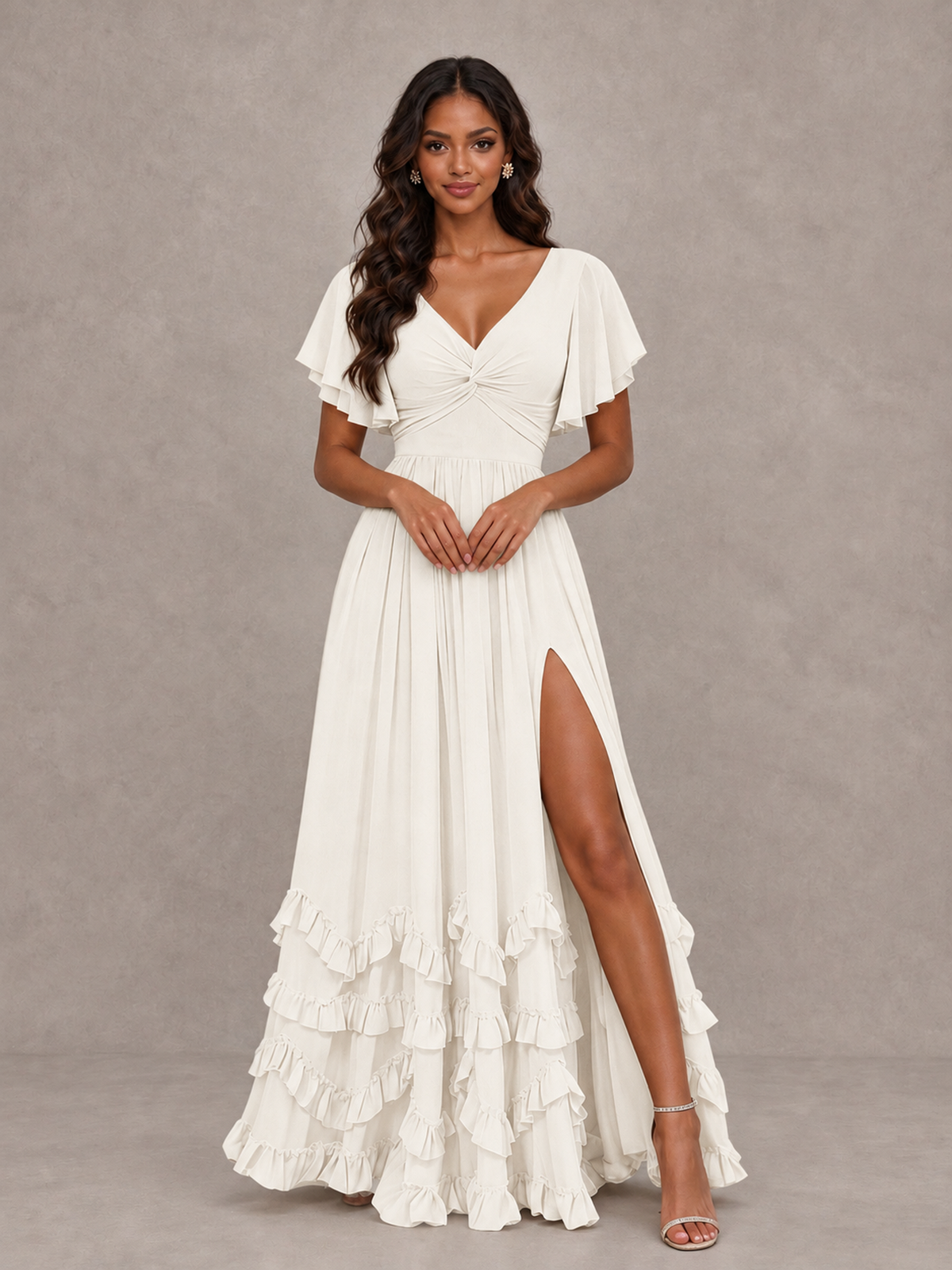 BOLODOO Ivory V-Neck Flutter Sleeve Ruffle Bridesmaid Dress with Slit - Ivory - Ivory (4)
