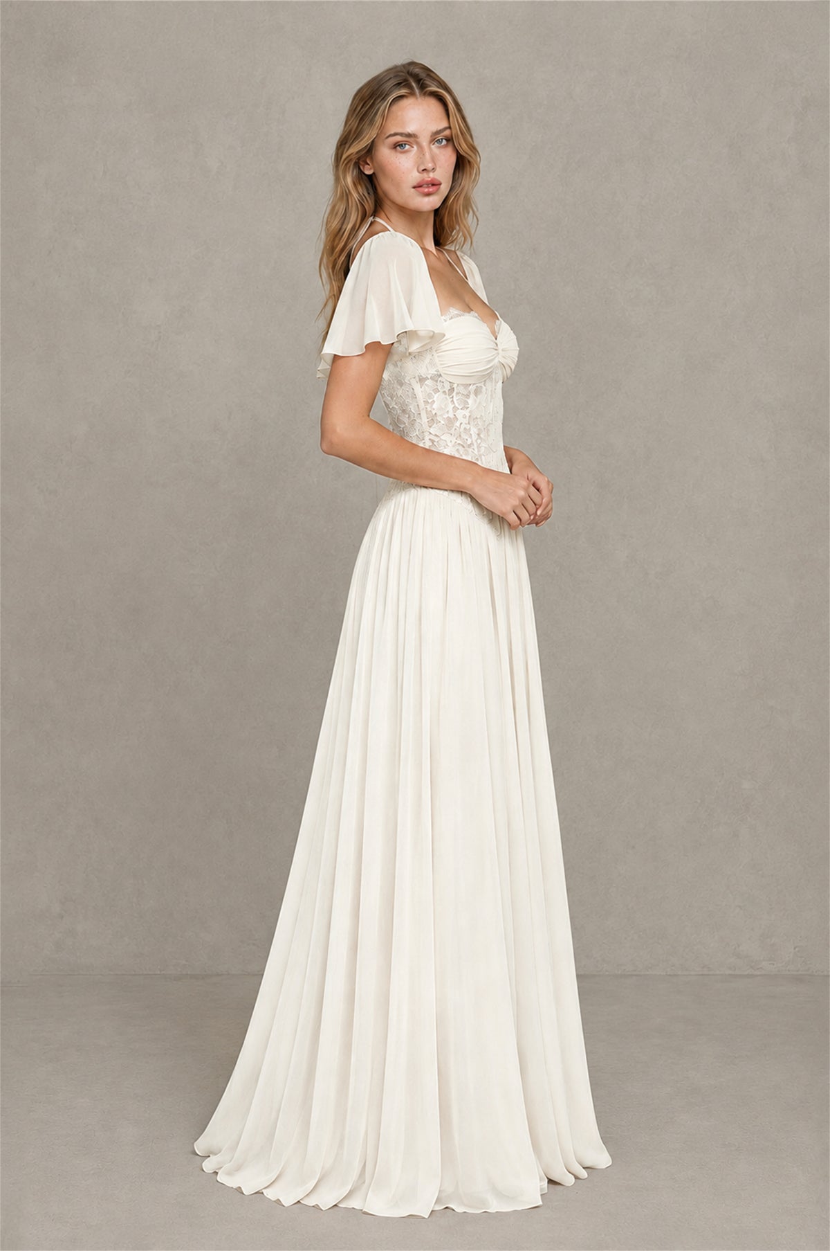 BOLODOO Ivory Flutter Sleeve Lace Corset A-Line Maxi Dress - Ivory - Ivory (4)
