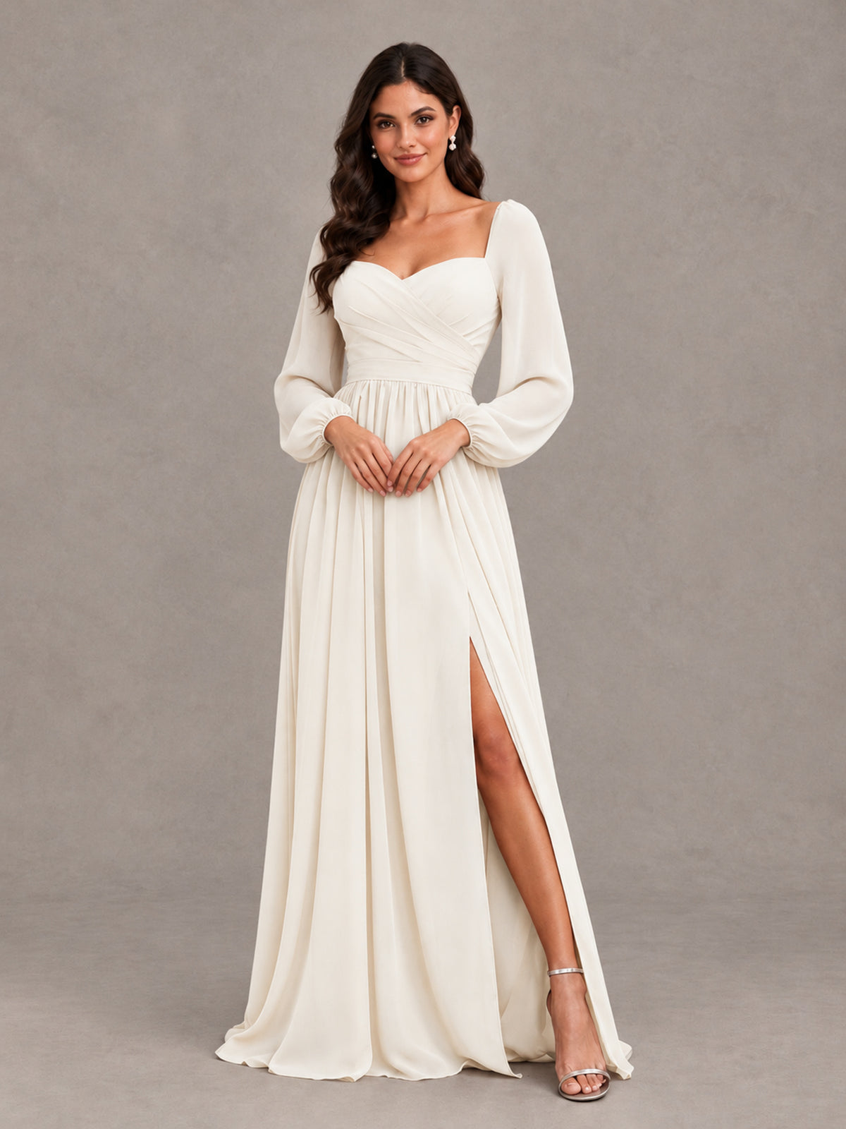 BOLODOO Ivory Long Sleeve Chiffon Bridesmaid Dress with Slit - Ivory - Ivory (4)