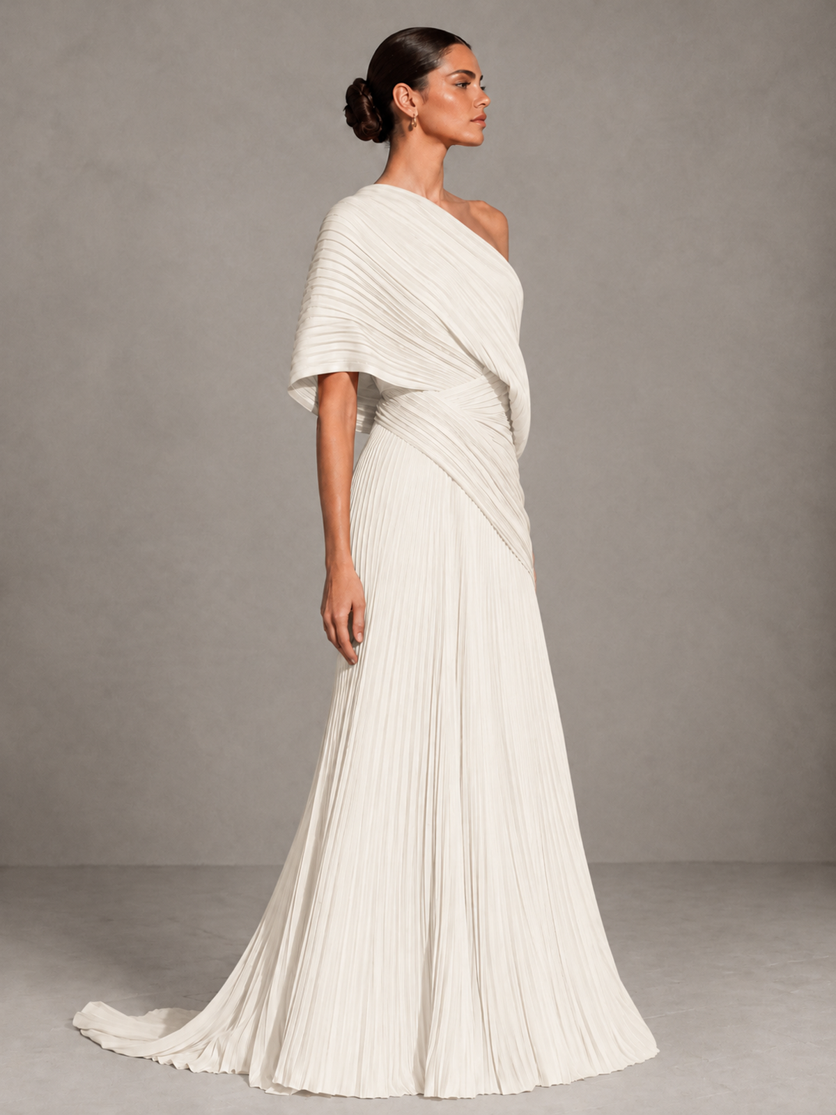 BOLODOO Ivory One-Shoulder Pleated Cape Evening Gown with Train - Ivory - Ivory (4)