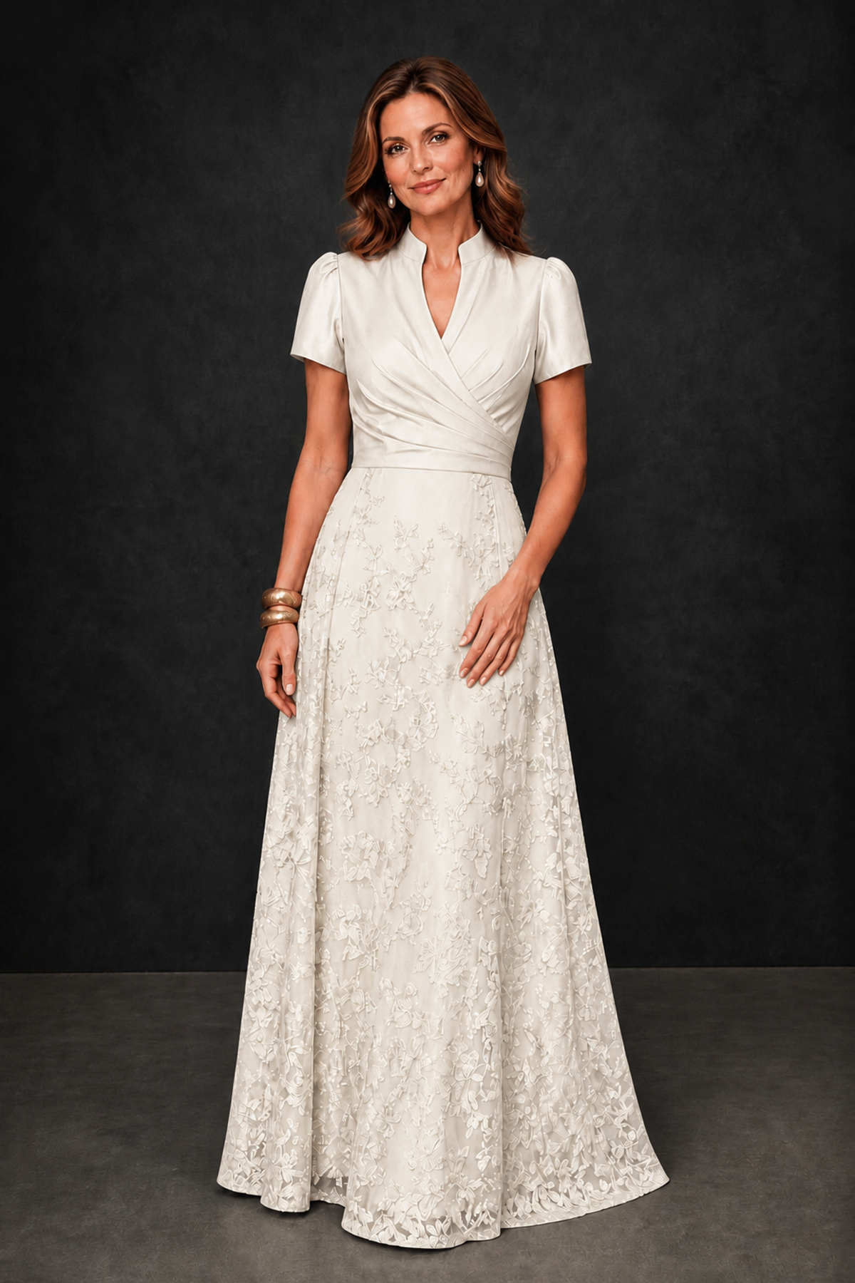 BOLODOO Ivory Satin Wrap V-Neck Short Sleeve Lace Glitter A-Line Floor Length Evening Gown – Formal Dress - Ivory - Ivory (4)