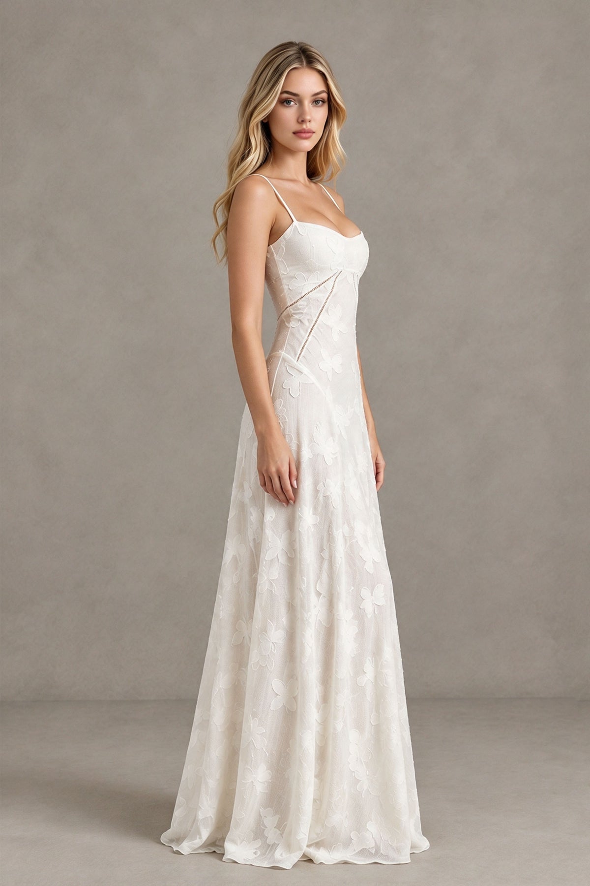 BOLODOO Ivory Floral Lace Wedding Guest Dress Spaghetti Straps Prom Dress - Ivory - Ivory (4)