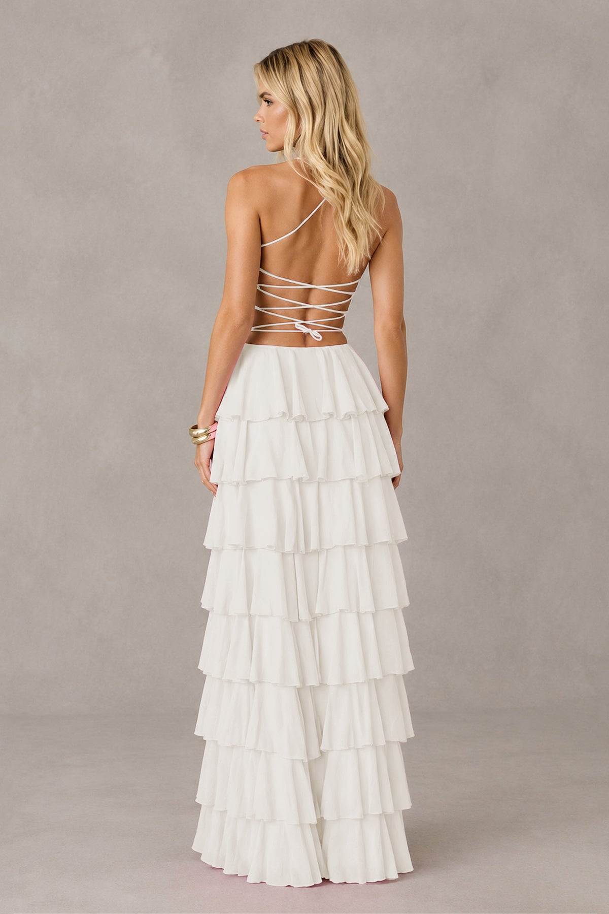 BOLODOO Ivory Strapless Tiered Ruffle Maxi Dress with Slit & Lace-Up Back - Ivory
