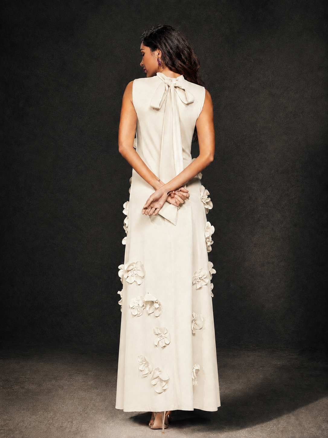 BOLODOO Ivory Mock Neck Sleeveless 3D Floral Appliqué Maxi Dress with Bow Back - Ivory