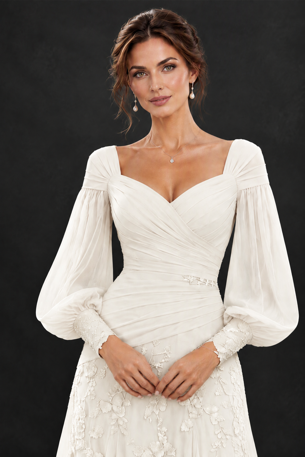 BOLODOO Ivory Long Sleeve Mother of the Bride Dress with Floral Appliqués - Ivory - Ivory (5)