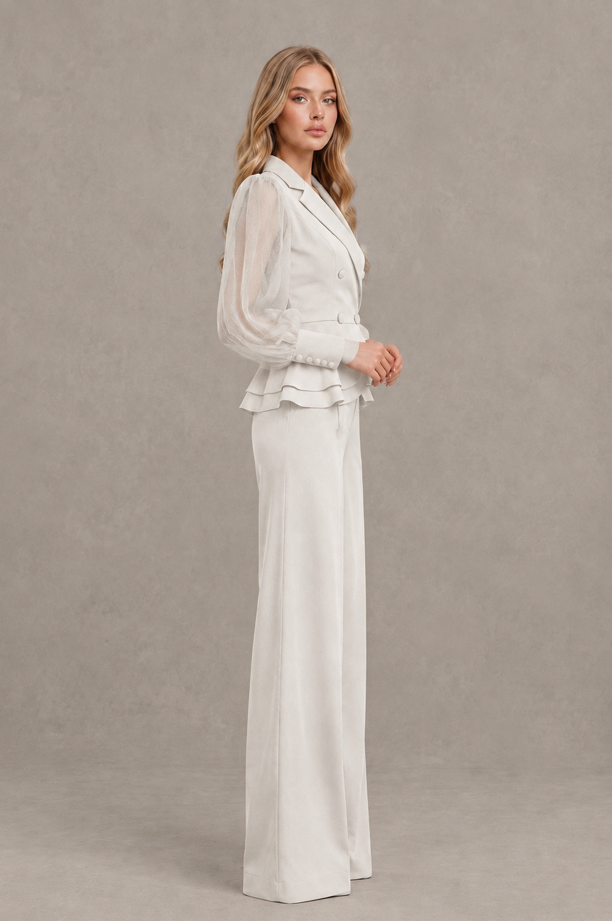 BOLODOO Mint Ivory Peplum Blazer Wide-Leg Pantsuit with Sheer Puff Sleeves - Ivory
