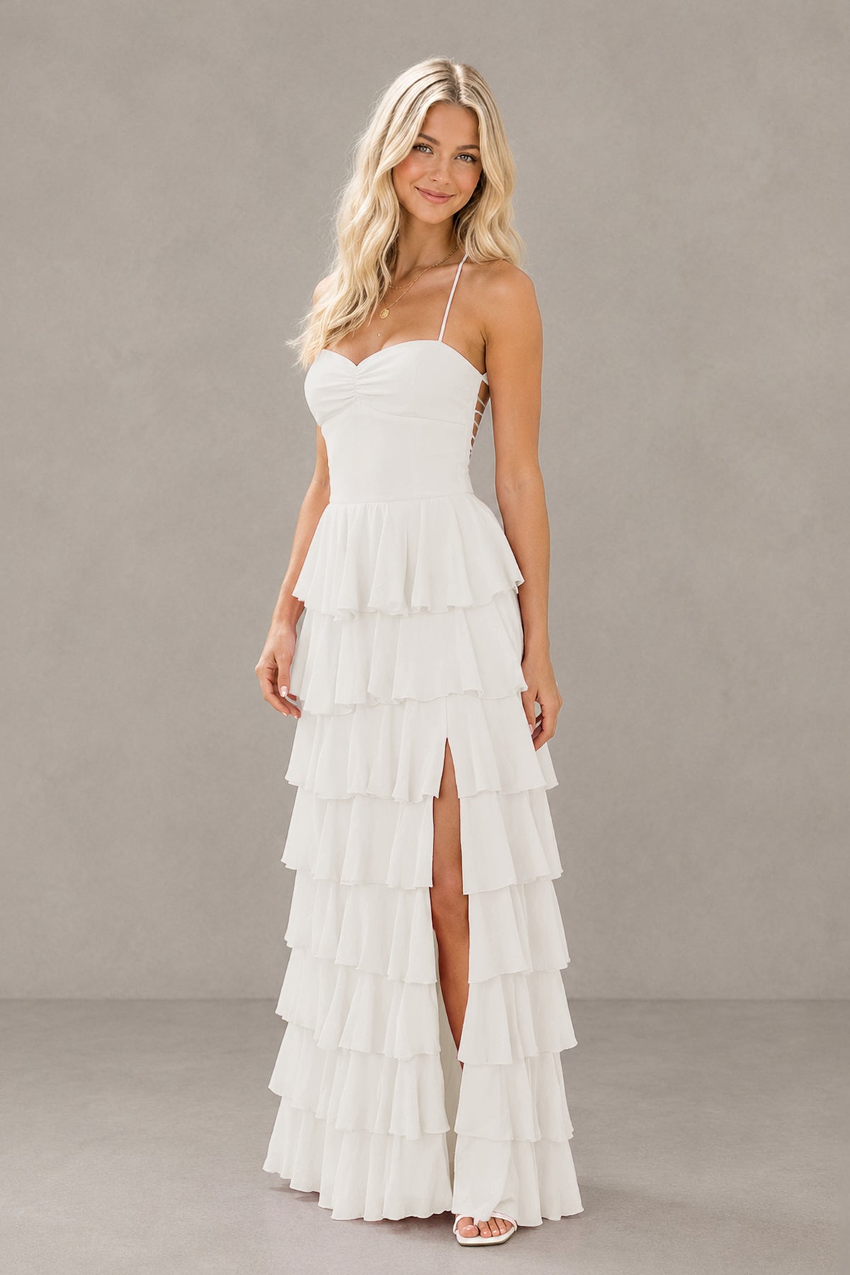 BOLODOO Ivory Strapless Tiered Ruffle Maxi Dress with Slit & Lace-Up Back - Ivory