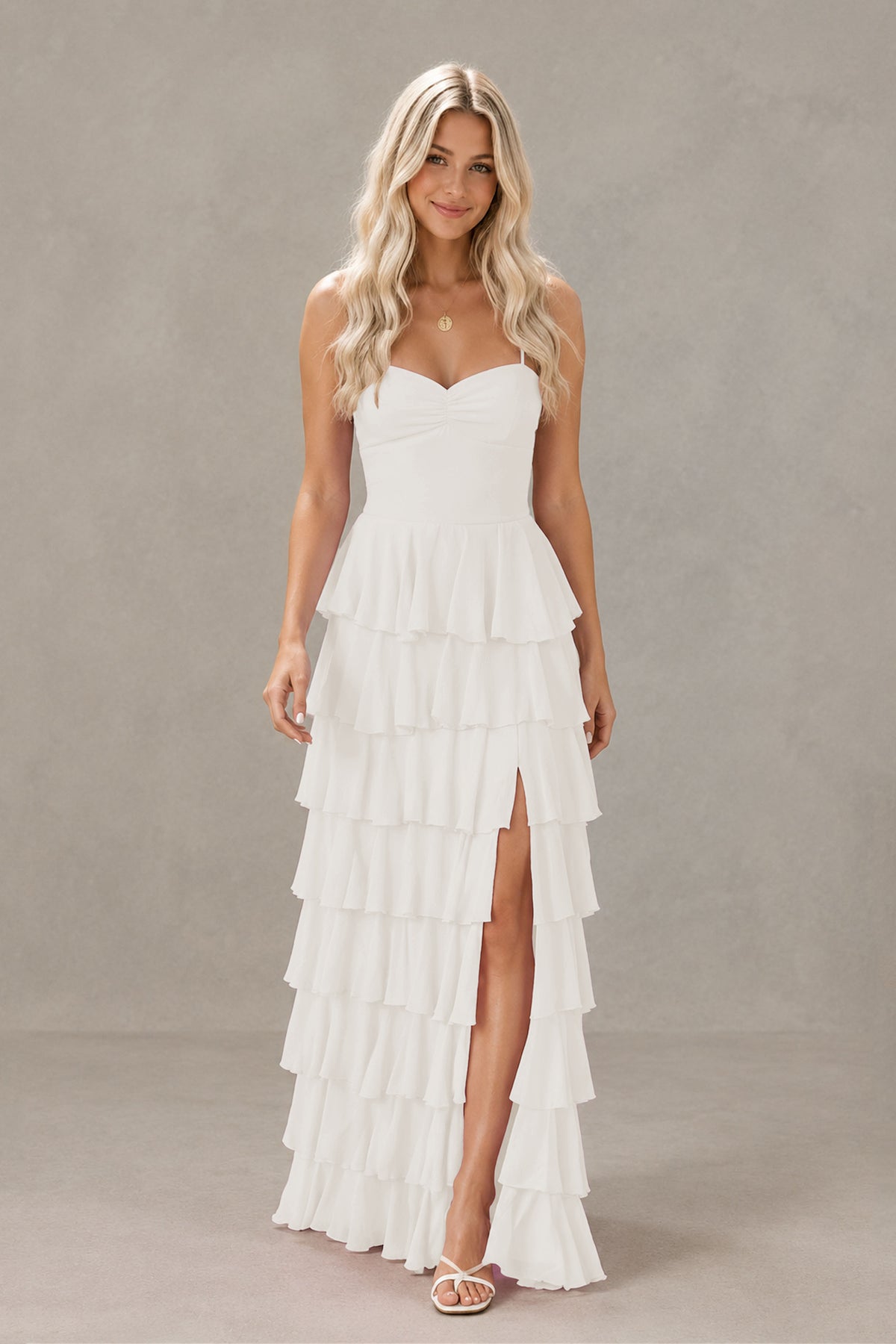 BOLODOO Ivory Strapless Tiered Ruffle Maxi Dress with Slit & Lace-Up Back - Ivory