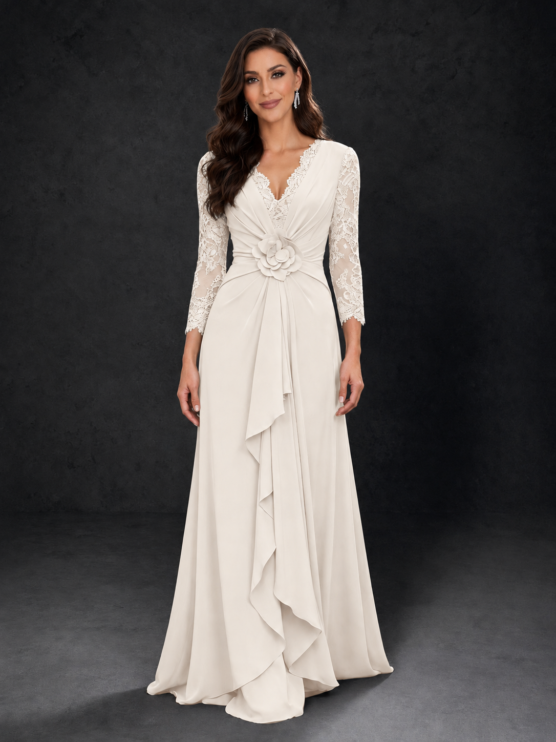 BOLODOO White Lace Sleeve V-Neck Floral Waist Chiffon A-Line Maxi Dress 