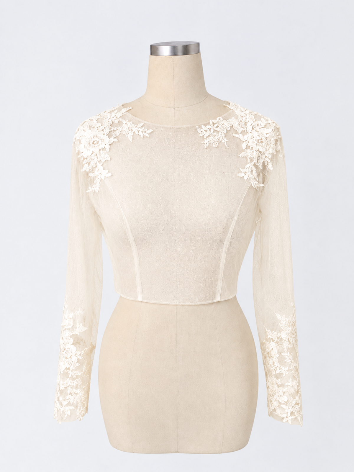 BOLODOO White Floral Lace Long Sleeve Bridal Top with Button Back 