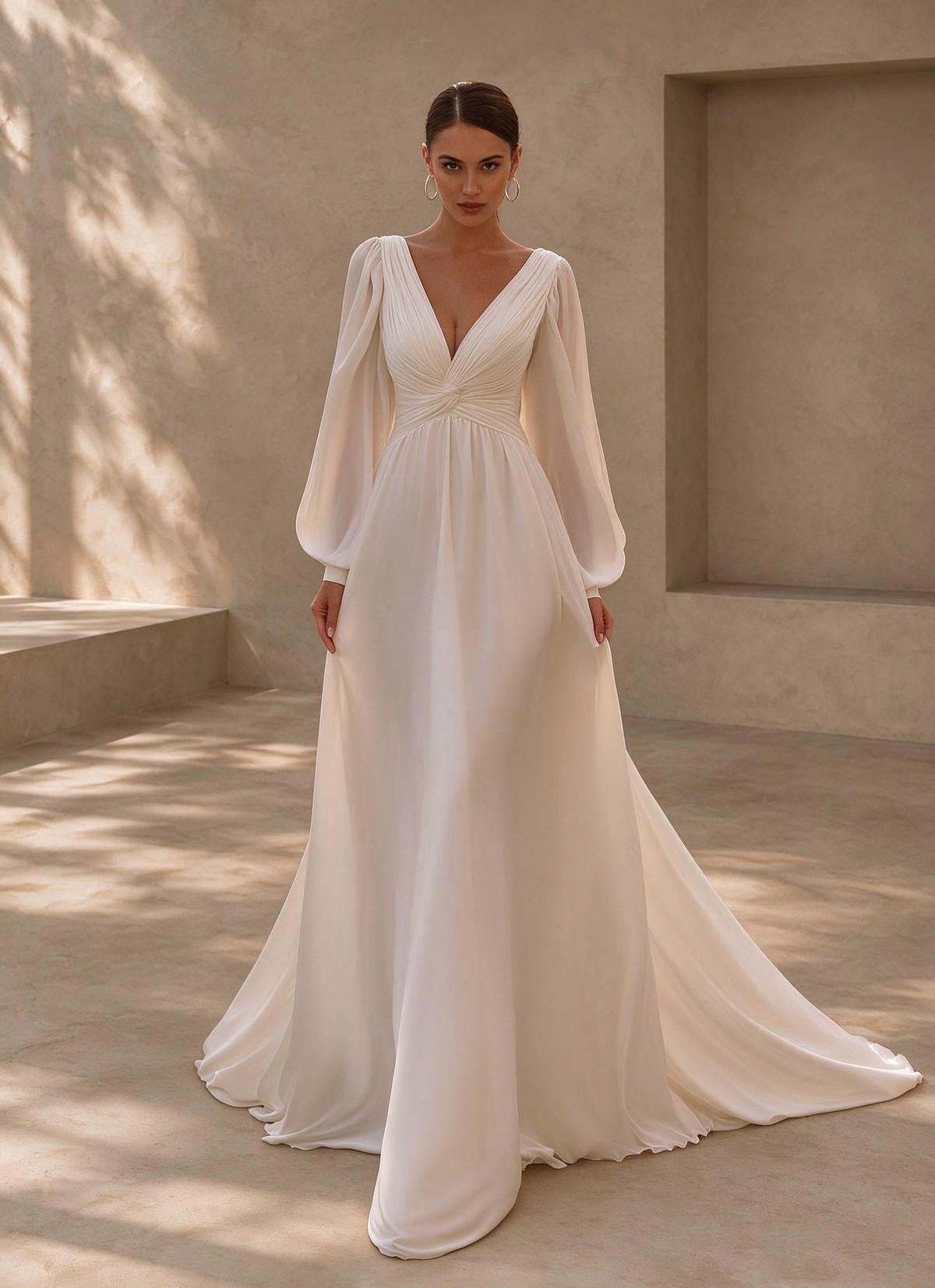 BOLODOO Ivory Long Sleeve V-Neck A-Line Wedding Dress with Open Back 