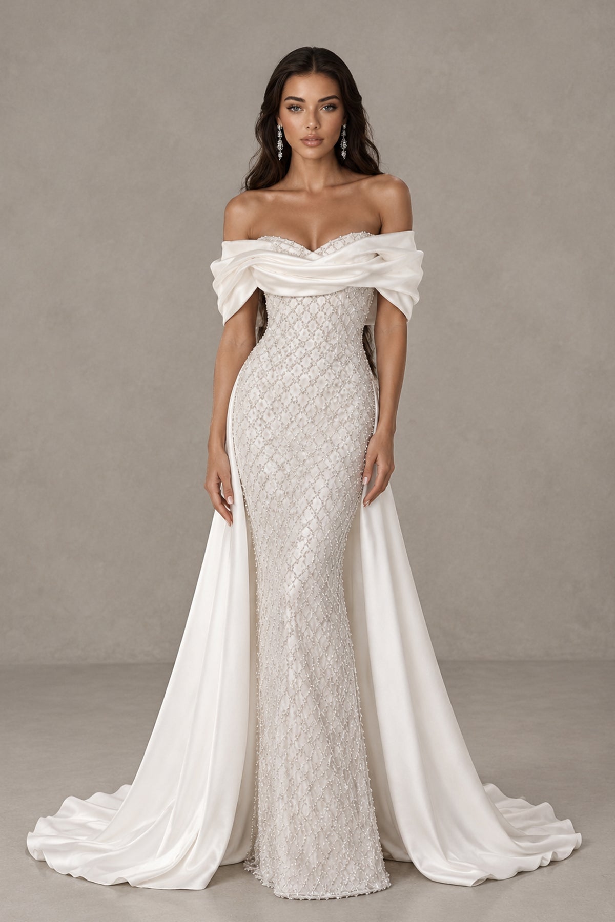 BOLODOO QQ056 ivory off-shoulder evening gown front view with floor-length skirt and draped train