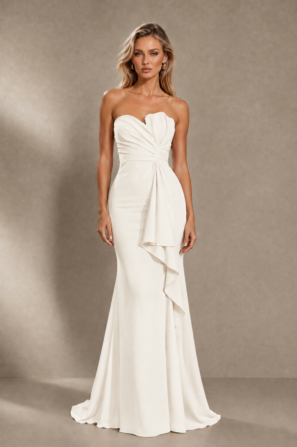 BOLODOO Ivory Strapless Sweetheart Ruched Mermaid Gown | Cascade Drape Formal Evening Dress 