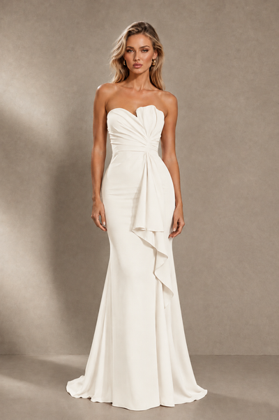 BOLODOO Ivory Strapless Sweetheart Ruched Mermaid Gown | Cascade Drape Formal Evening Dress 