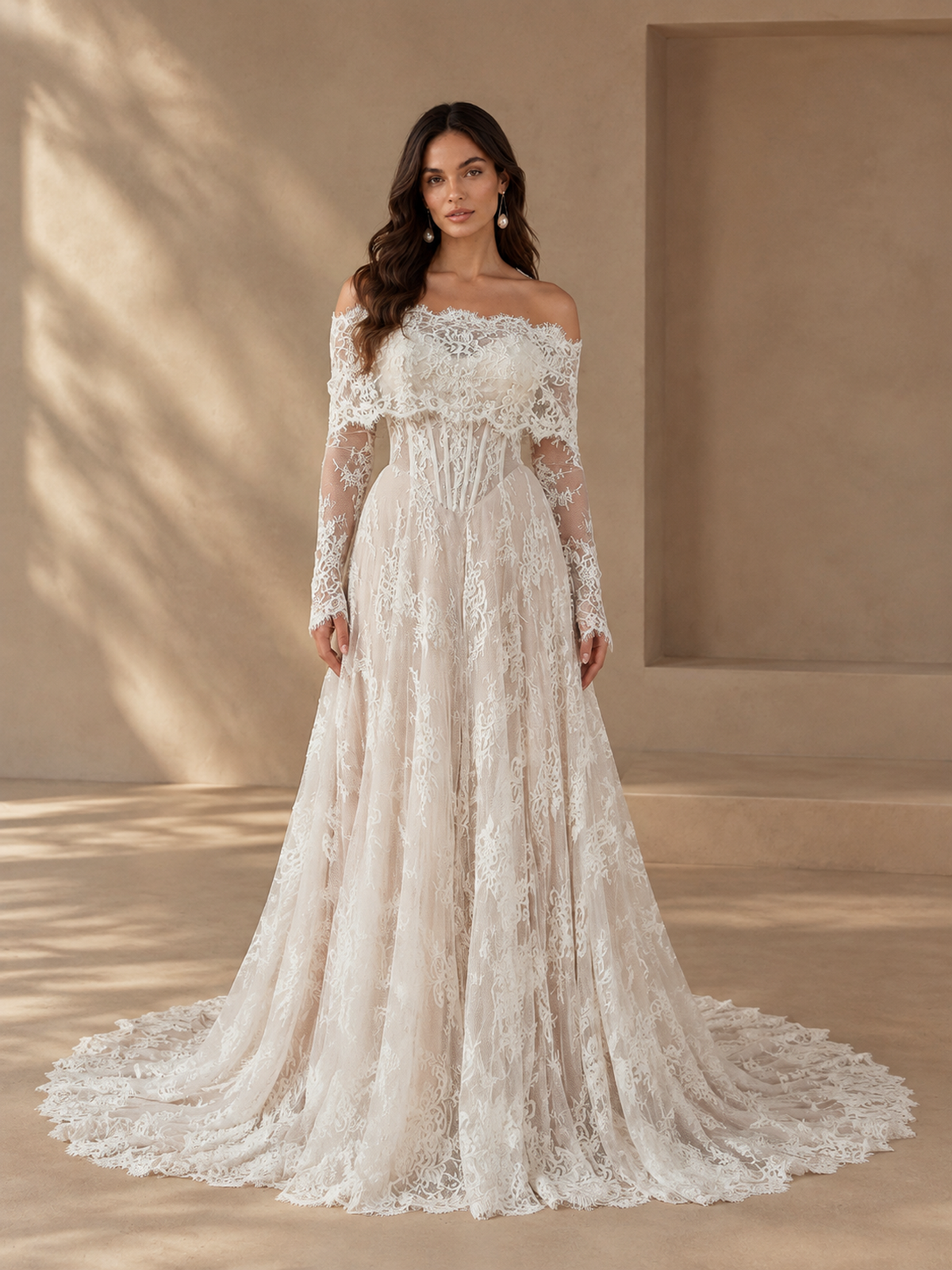 BOLODOO Ivory Off-the-Shoulder Long Sleeve Lace A-Line Wedding Dress 