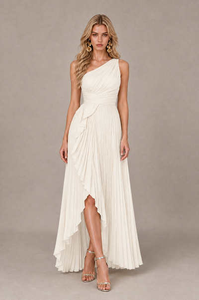BOLODOO Ivory One-Shoulder High-Low Ruffle Maxi Dress 