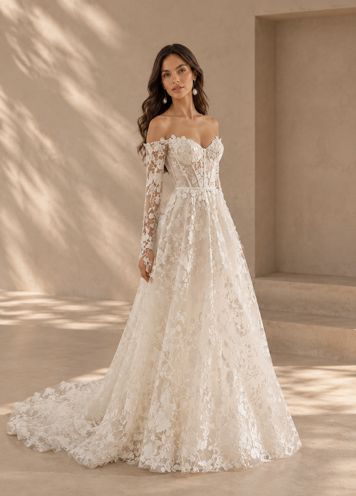 BOLODOO Ivory Off-the-Shoulder Long Sleeve Lace A-Line Wedding Dress with Train 