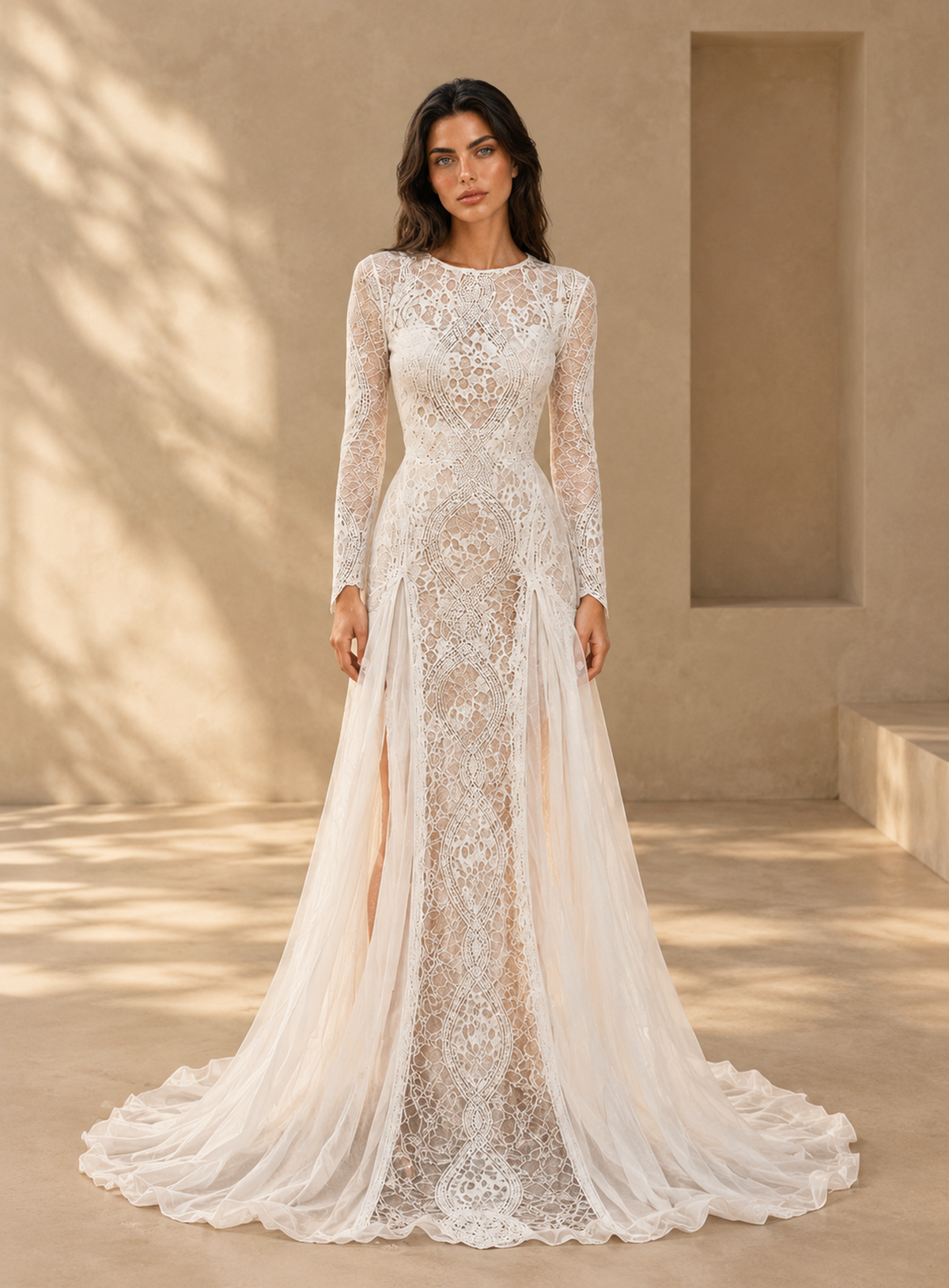 BOLODOO Ivory Long Sleeve Lace Wedding Dress with Open Back and Slit 