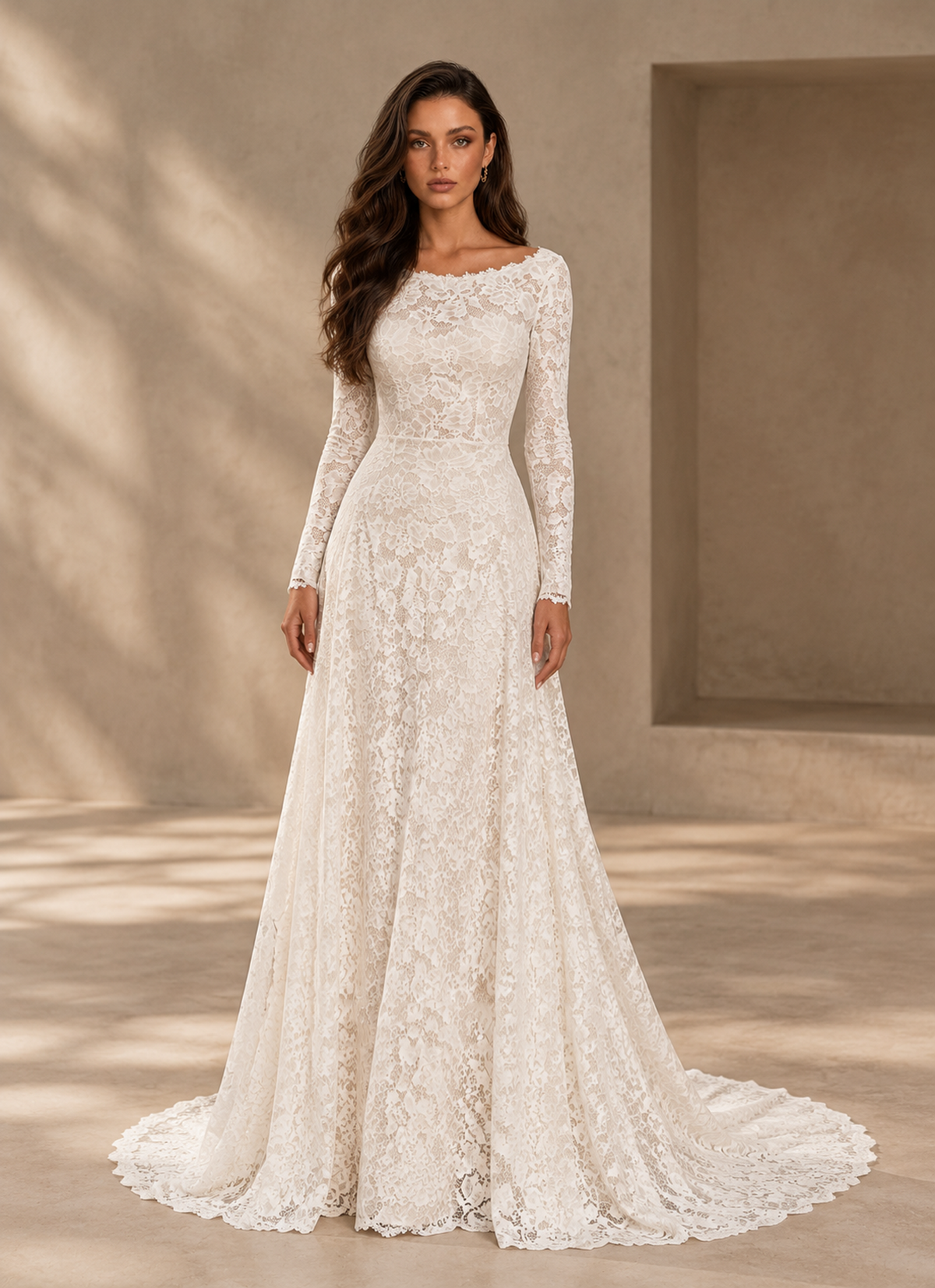 BOLODOO Ivory Long Sleeve Lace A-Line Wedding Dress with Open Back 
