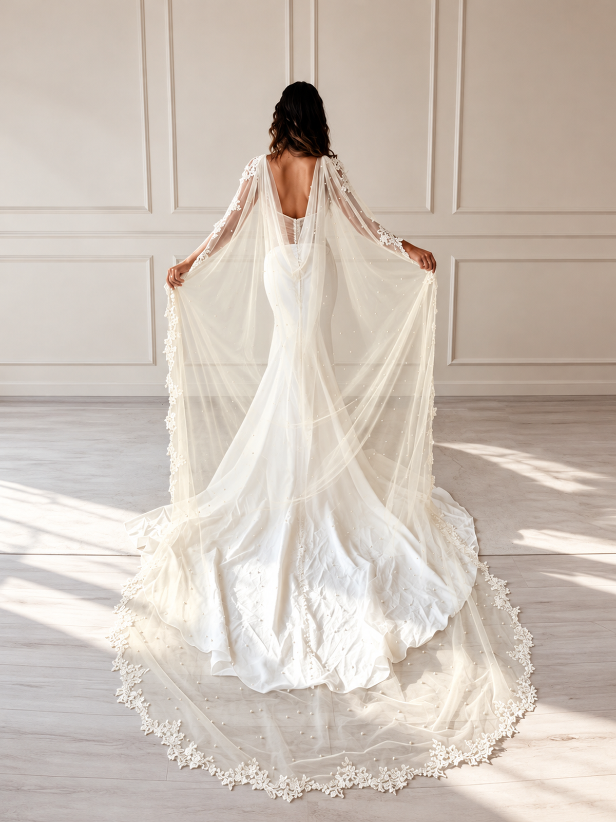 BOLODOO White Lace Applique Bridal Cape with Sheer Long Train 