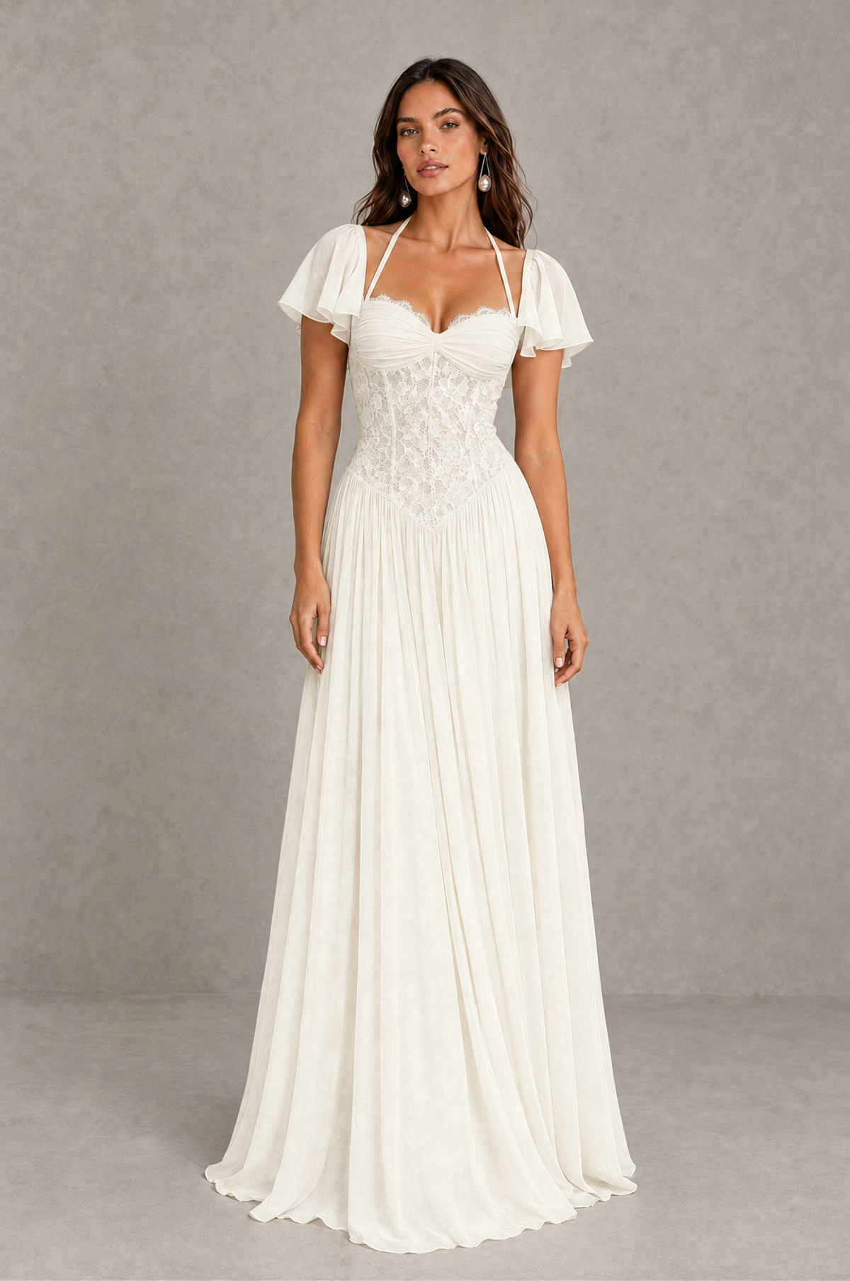 BOLODOO Ivory Flutter Sleeve Lace Corset A-Line Maxi Dress 