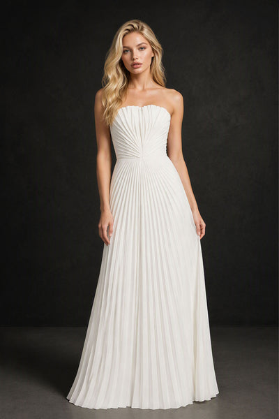 BOLODOO Ivory Strapless Sunburst Pleated Twisted Knot Lace-Up Back Accordion Pleated Chiffon Maxi Dress 