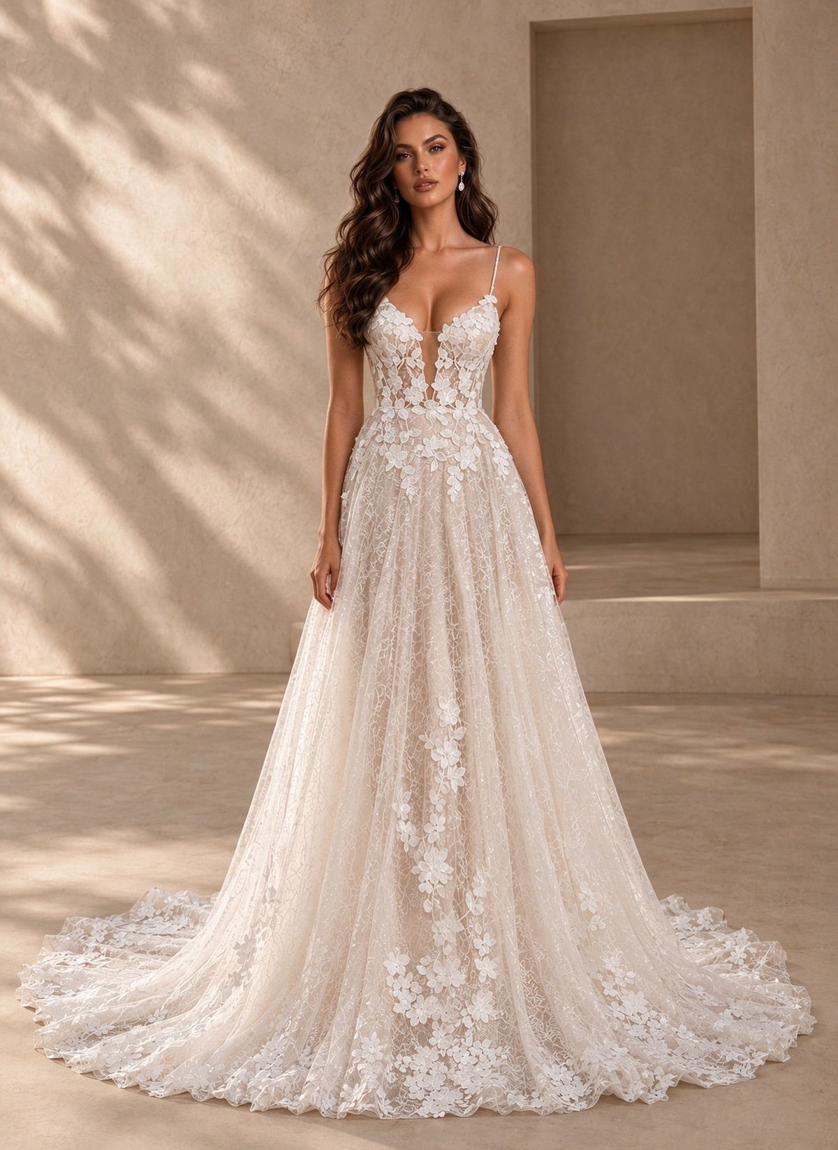 BOLODOO Ivory Floral Lace A-Line Wedding Dress with Open Back 
