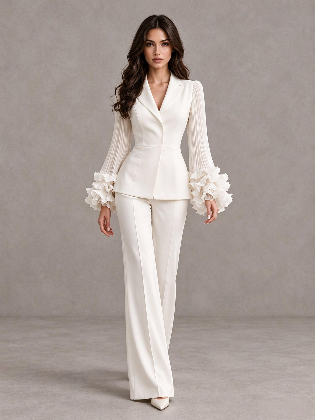 Ivory mother of the bride pant suit with pleated long sleeves and ruffle cuffs, front view, BOLODOO