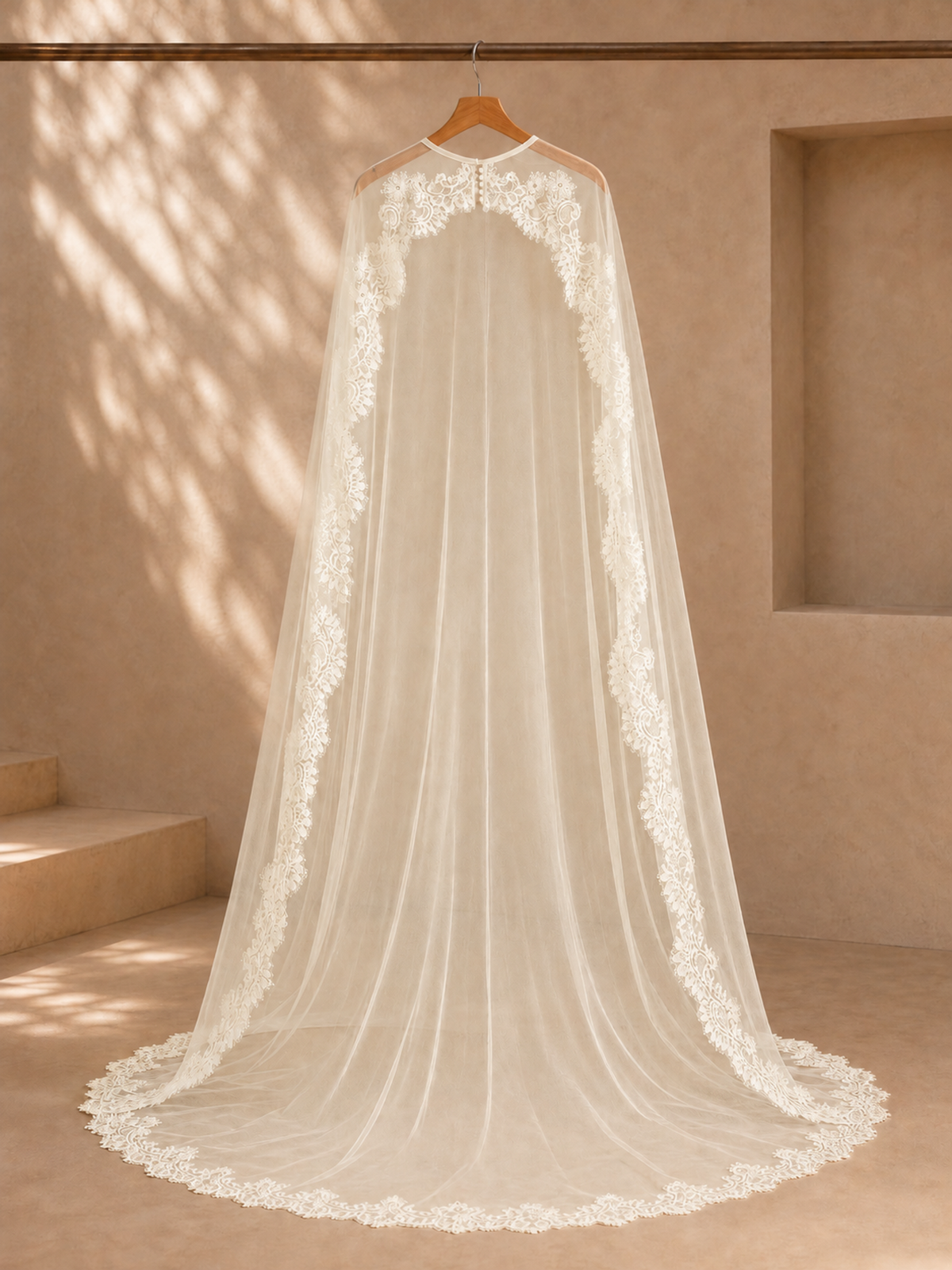 BOLODOO Floral Lace Trim Sheer Bridal Cape Cathedral Length Wedding Cloak 