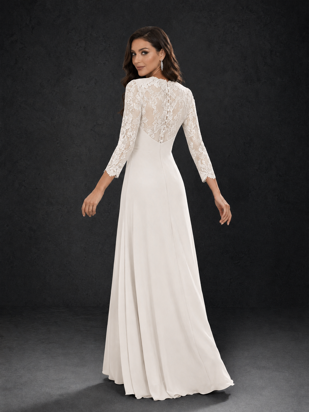BOLODOO White Lace Sleeve V-Neck Floral Waist Chiffon A-Line Maxi Dress 