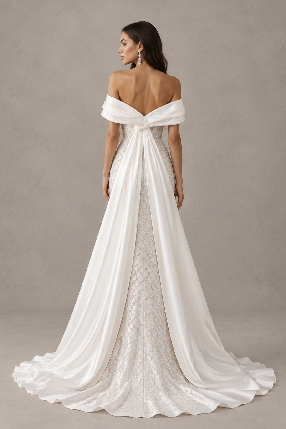 BOLODOO QQ056 ivory evening gown back view showing open upper back and extended draped train