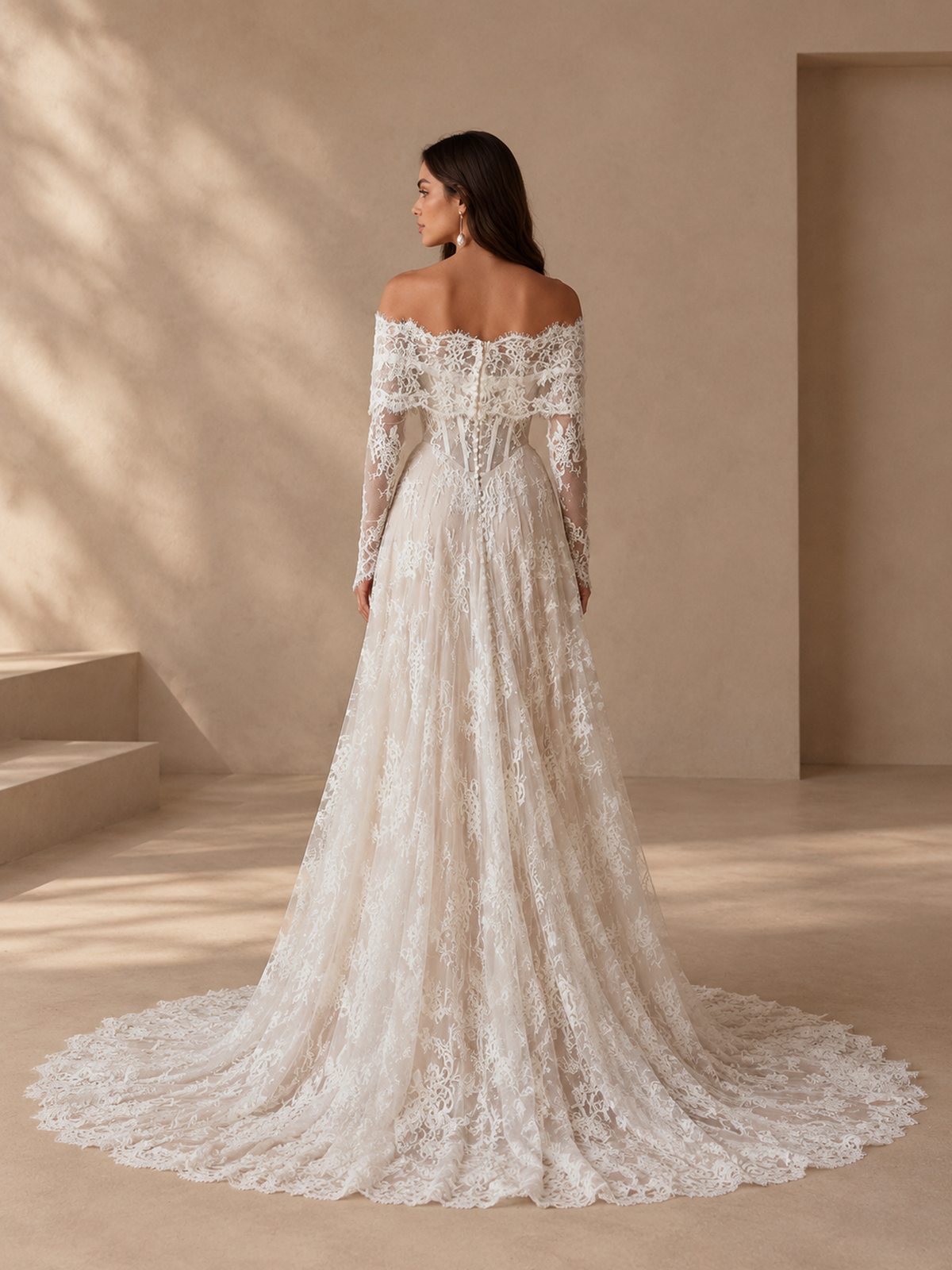 BOLODOO Ivory Off-the-Shoulder Long Sleeve Lace A-Line Wedding Dress 