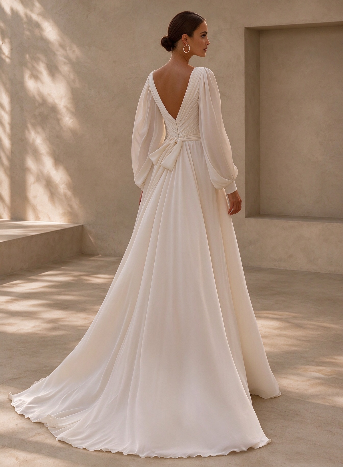 BOLODOO Ivory Long Sleeve V-Neck A-Line Wedding Dress with Open Back 