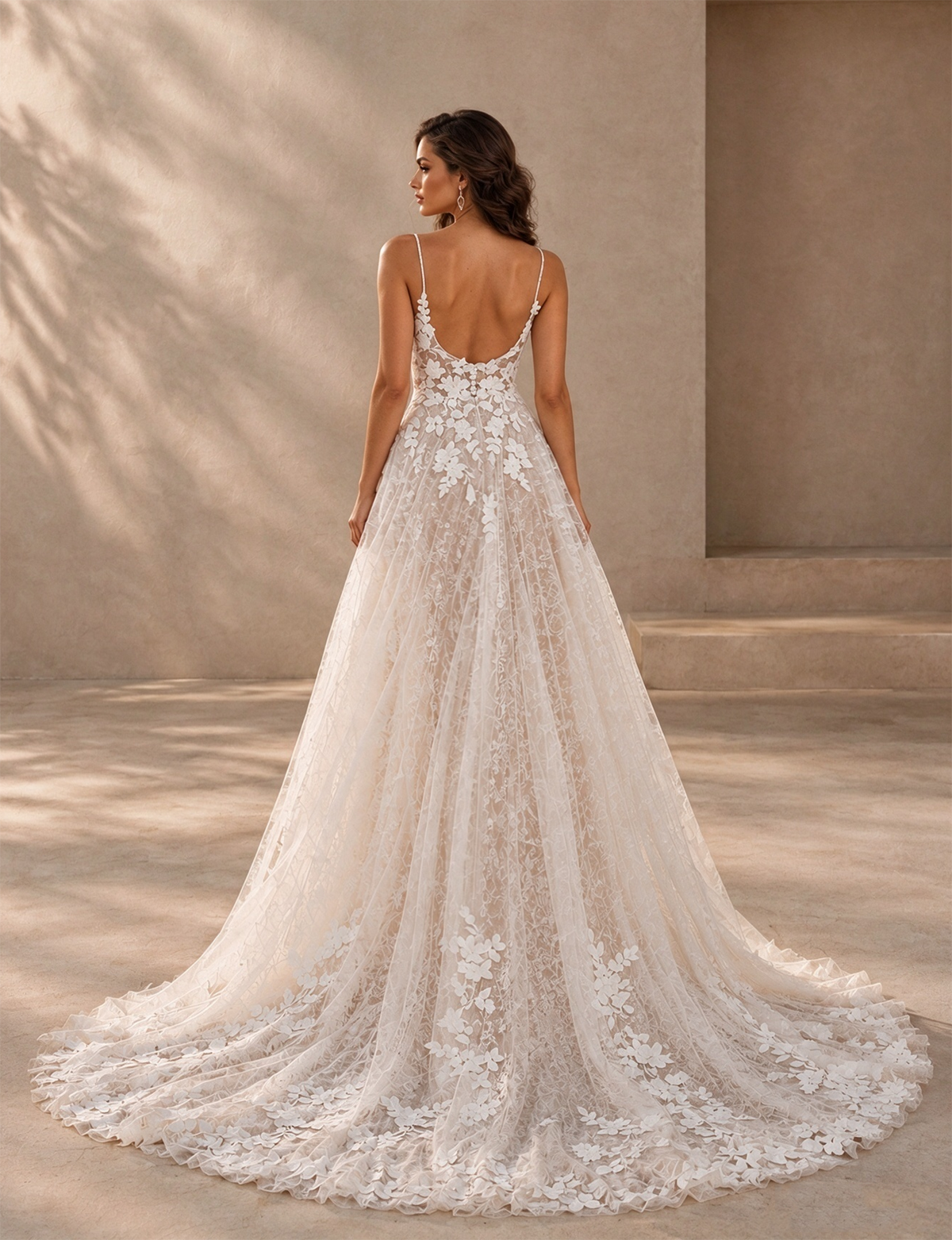 BOLODOO Ivory Floral Lace A-Line Wedding Dress with Open Back 