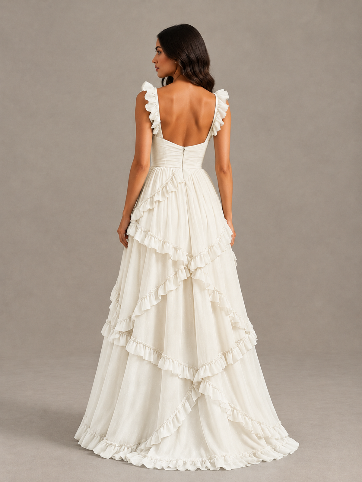 BOLODOO Ivory Ruffle A-Line Prom Dress with Open Back 