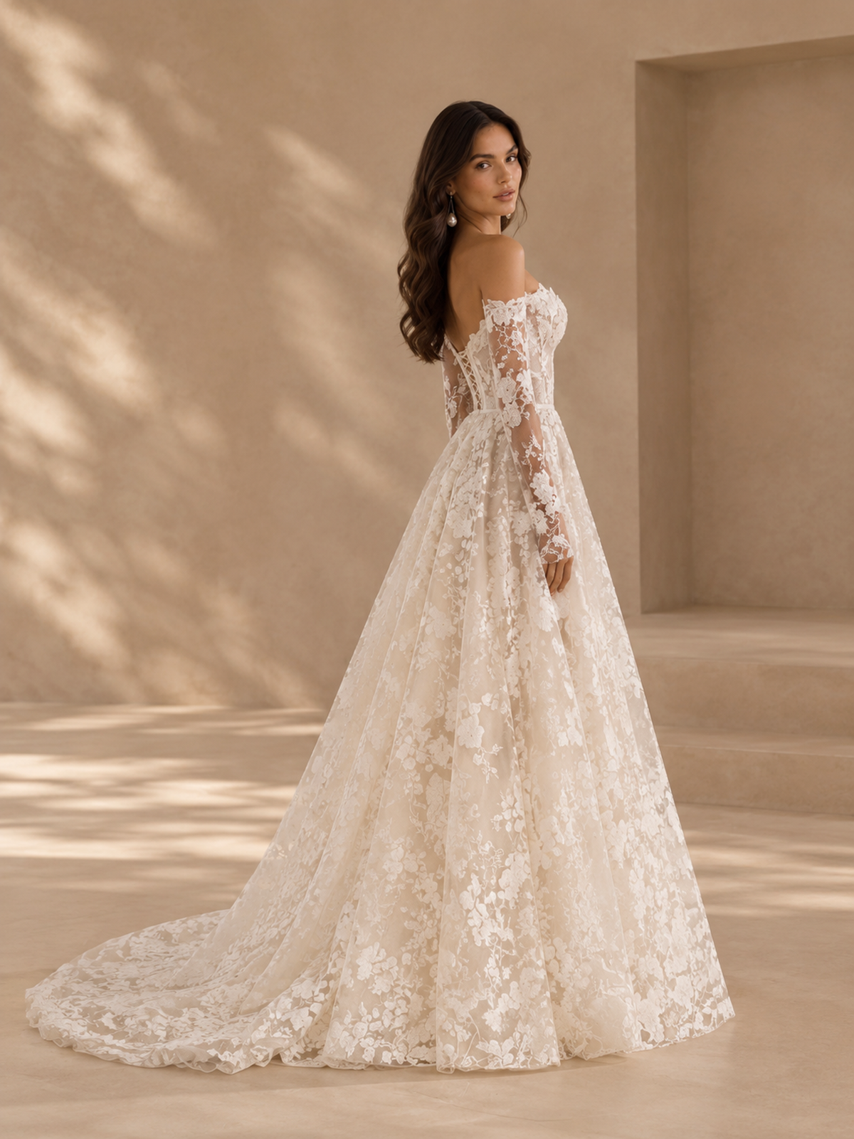 BOLODOO Ivory Off-the-Shoulder Long Sleeve Lace A-Line Wedding Dress with Train 