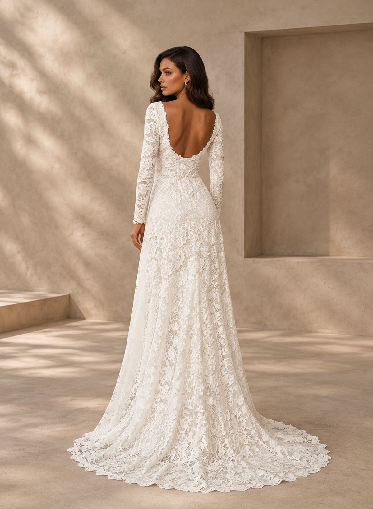 BOLODOO Ivory Long Sleeve Lace A-Line Wedding Dress with Open Back 